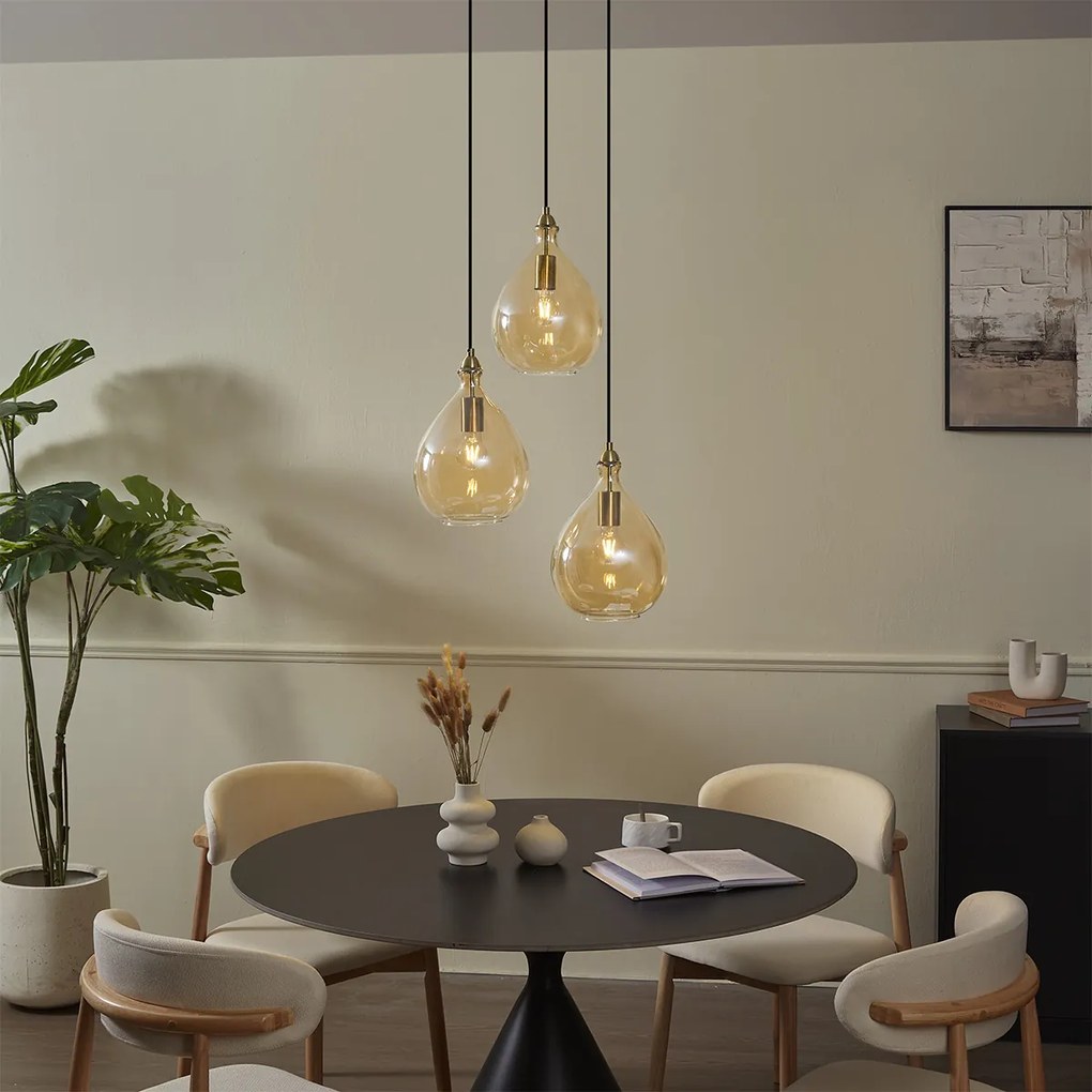 Smart hanglamp goud met amber glas 3-lichts incl. Wifi A60 - Traditional
