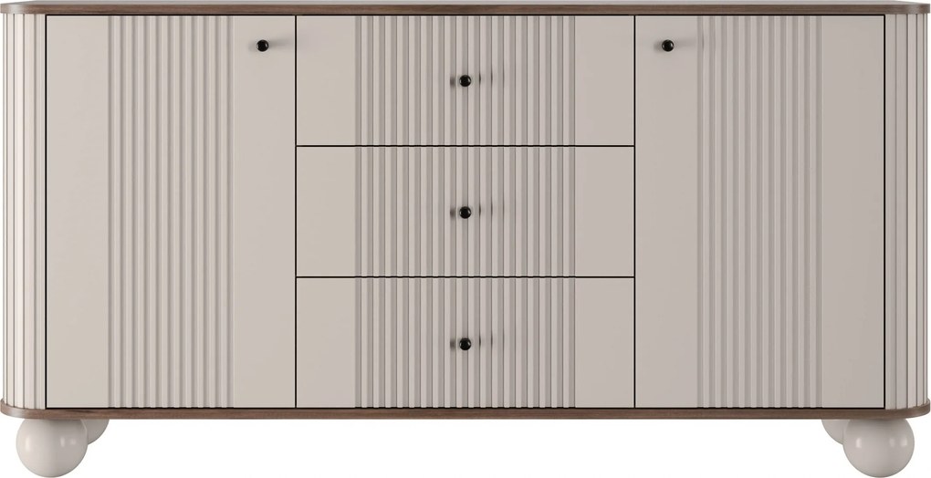 Komoda Vesper 160 cm so zásuvkami na guľatých nohách - kašmír / orech / čierne úchytky