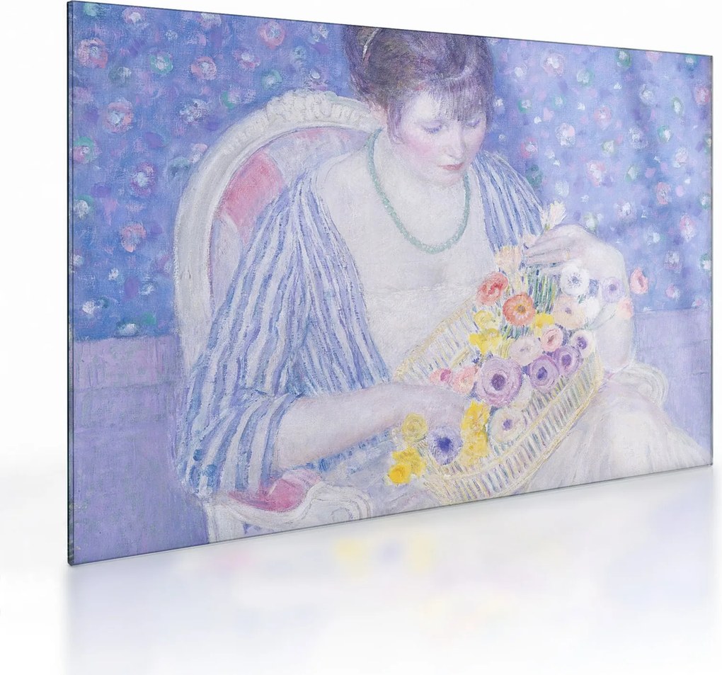 Sklenený obraz - Frederick Carl Frieseke, The Basket of Flowers, reprodukcia (70x50 cm)