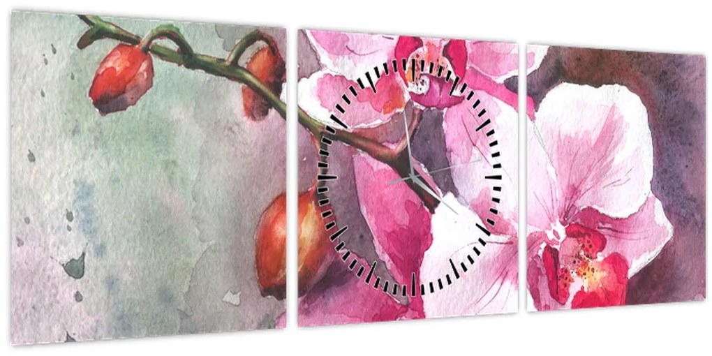 Obraz - Orchidey, aquarel (s hodinami) (90x30 cm)