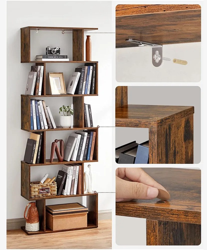 Vasagle Polica/regál na knihy PRESTON, 70x24x190,5cm, hnedá