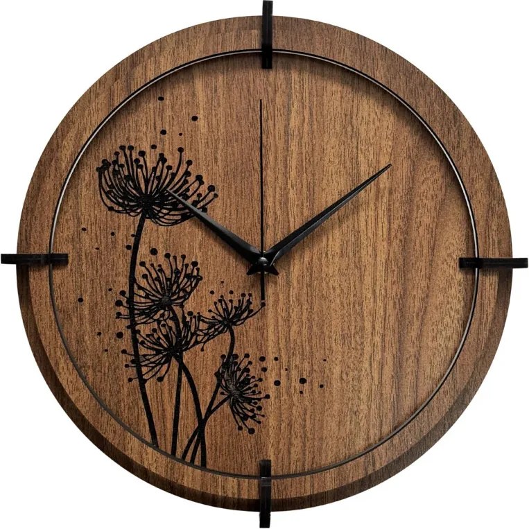 Drevené hodiny Wenge s čiernym kvetinovým motívom | SENTOP HDF0586-ORECH-WENGE