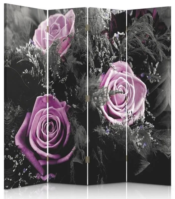 Ozdobný paraván Růže Květiny - 145x170 cm, štvordielny, klasický paraván