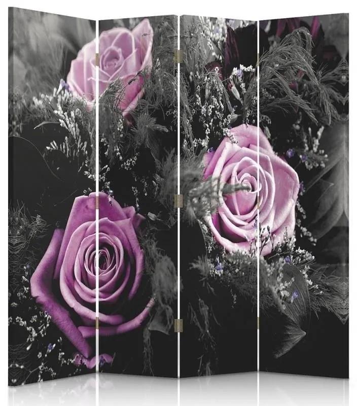 Ozdobný paraván Růže Květiny - 145x170 cm, štvordielny, obojstranný paraván 360°