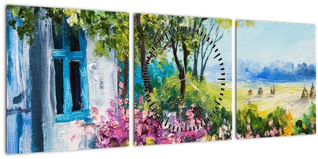 Obraz záhradky pred domom, olejomaľba (s hodinami) (90x30 cm)