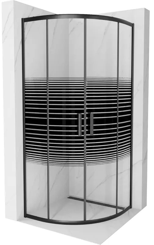 Mexen Rio, štvrťkruhový sprchovací kút s posuvnými dverami 90(dvere) x 90(dvere) x 190 cm, 6mm číre sklo s pásikmi, čierny profil, 863-090-090-70-20