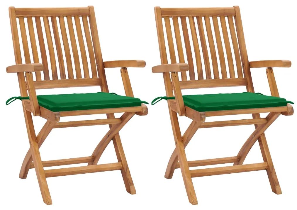 Záhradné stoličky 2 ks zelené podložky teakový masív 3062411