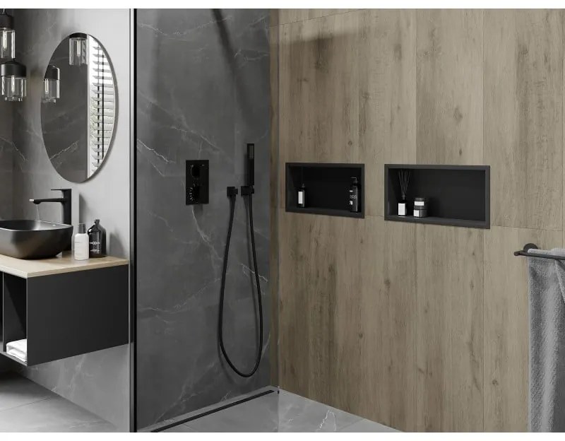 Mexen X-Wall-R, polička na zapustenie na obklad s golierom 45 x 20 cm, čierna matná, 1970452010