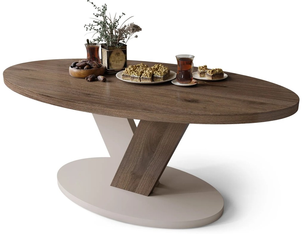 LOVA Orech Elegant/Béž Taupe - OVÁLNY KONFERENČNÝ STOLÍK 110 × 60 cm MODERNÝ KÁVOVÝ STOLÍK