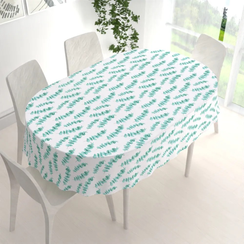 Biante Teflónový oválny obrus TF-089 Tyrkysové listy eukalyptu na bielom 100x140 cm