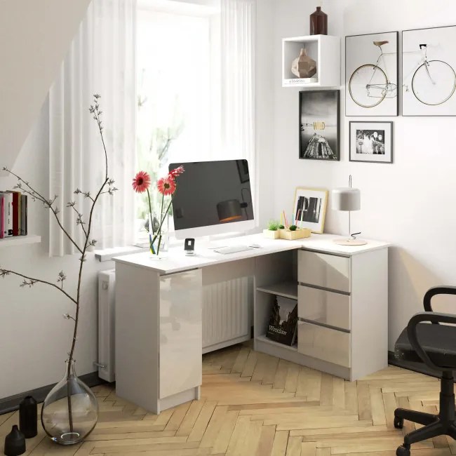 Rohový kancelársky stôl B20 155 cm pravý, biely lesk