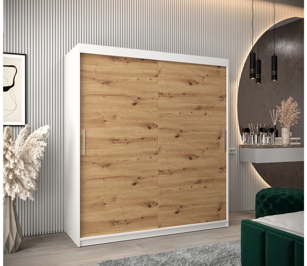 Šatníková skriňa 180 cm Toki (Biela matná + Dub artisan). Akcia -40%. Vlastná spoľahlivá doprava až k Vám domov. 1064833