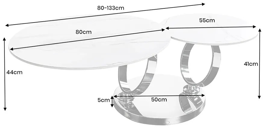 Konferenčný stolík DANCING RINGS 80-135 cm otočný keramický vrch s bielym mramorovým vzhľadom
