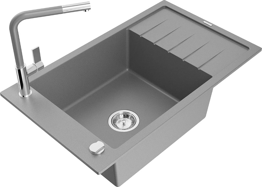 Mexen Elias, 1-komorový granitový drez 795x480x200 mm a drezová batéria Flora, šedá, 6511-71-670401-06
