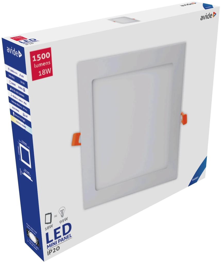 AVIDE Zápustný LED panel, 18W, studená biela, 22x22cm, štvorec, biely