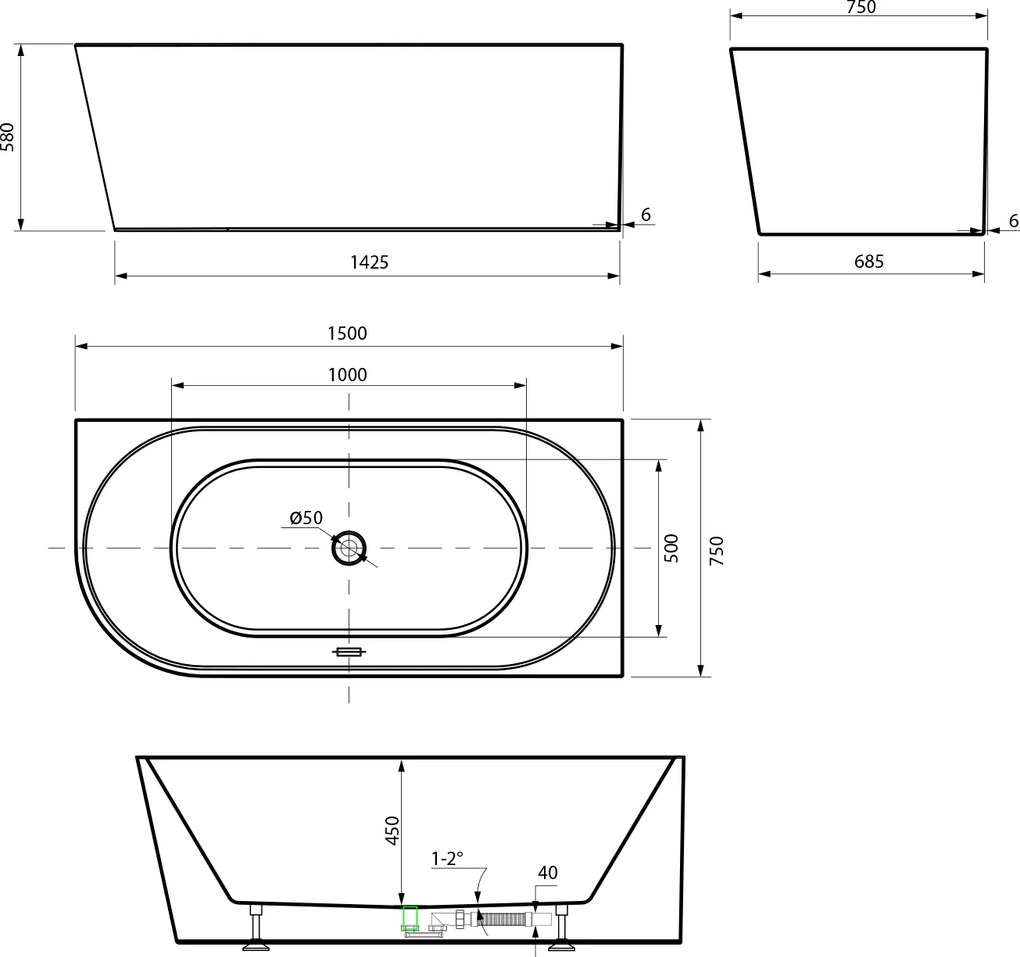 Aqualine Aqualine, TIBERA R rohová stojaca vaňa 150x75cm, biela, E1037