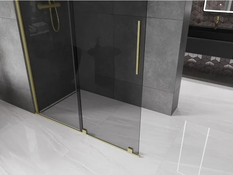 Mexen Velar, sprchová zástena s posuvnými dverami Walk-in 150 x 200 cm, 8mm šedé sklo, zlatá matná, 871-150-000-43-55
