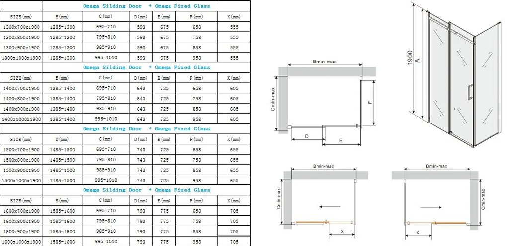 Mexen Omega, sprchovací kút s posuvnými dverami 150 (dvere) x 70 (stena) cm, 8mm sklo, chrómový profil-šedé sklo, 825-150-070-01-40