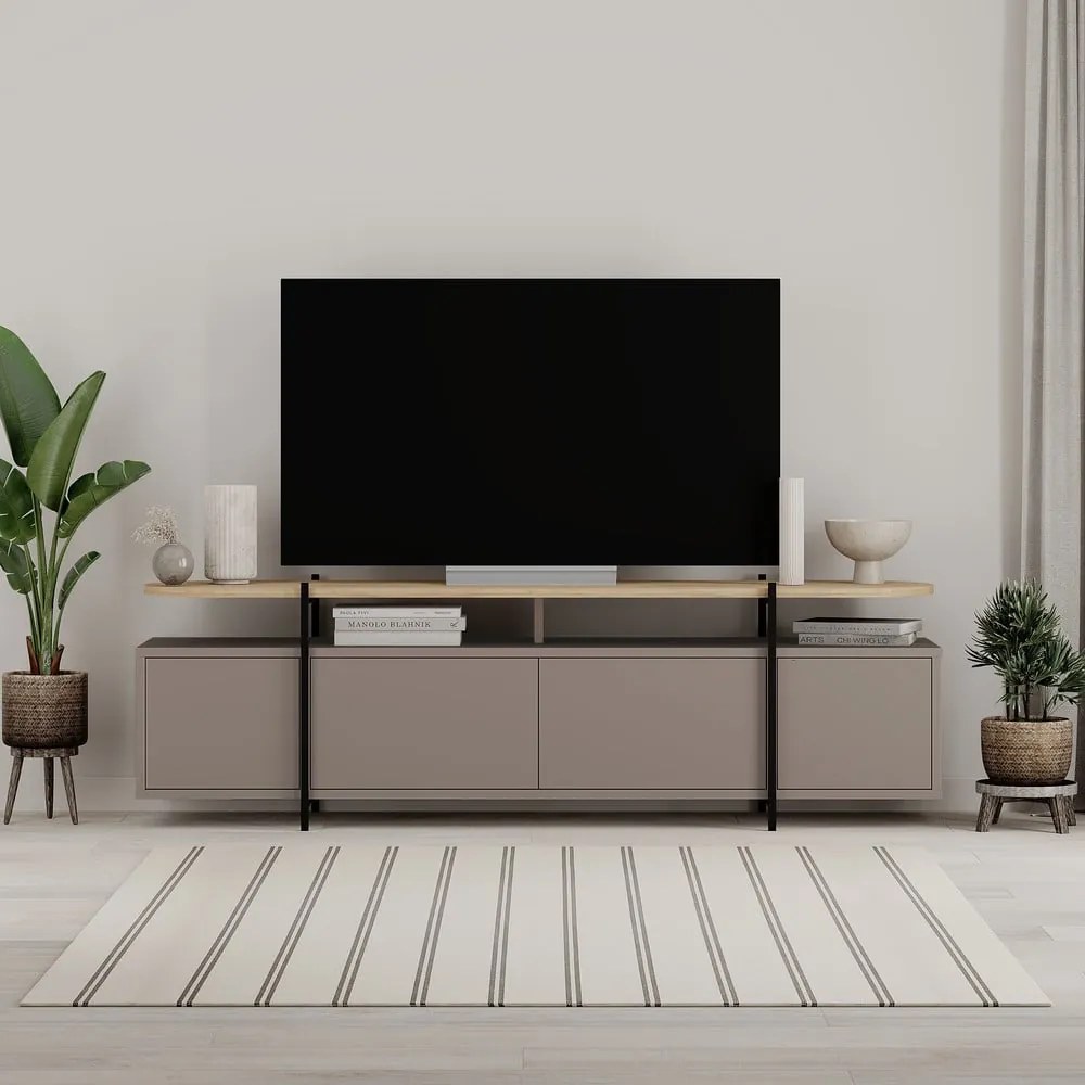 Sivo-béžový TV stolík v dekore duba 160x48 cm Hinoa – Marckeric