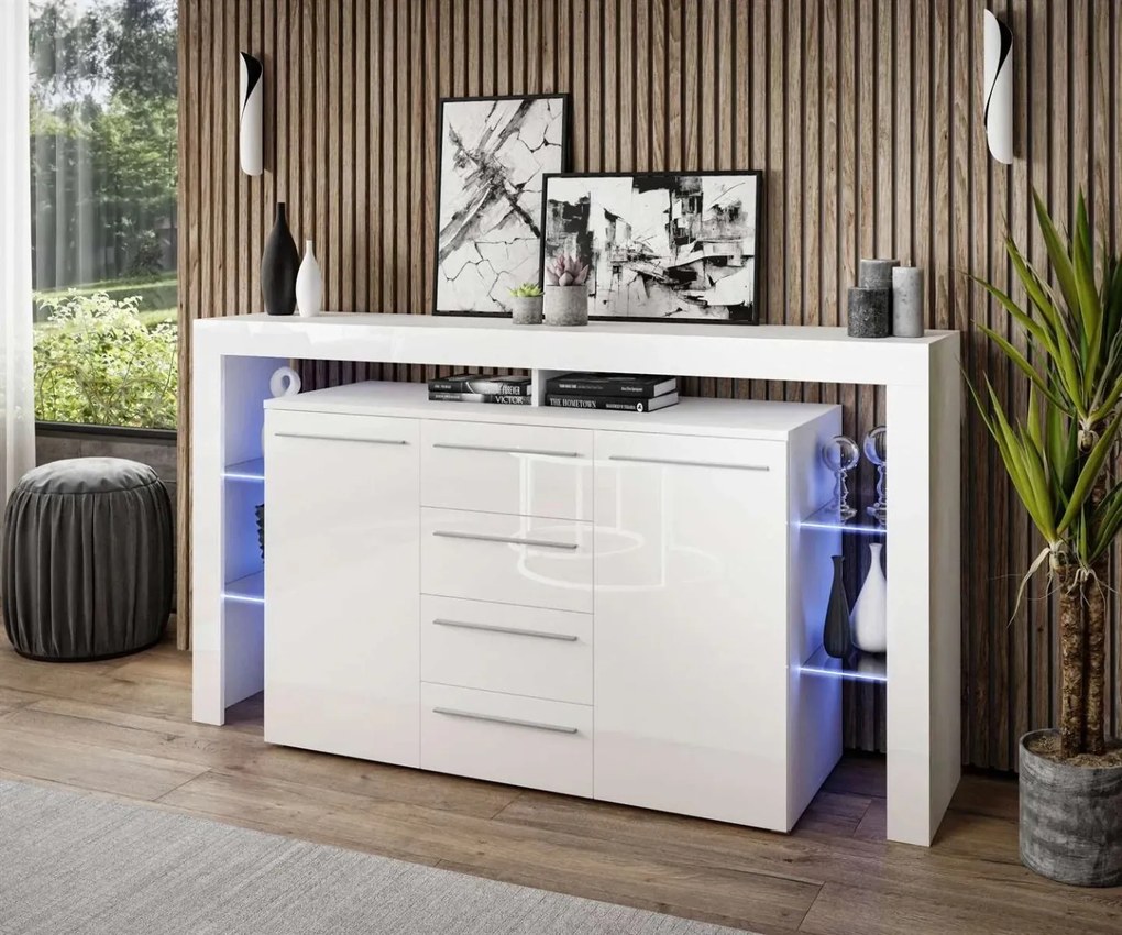 KOMODA ELIS LED BIELA BIELE ZÁSUVKY VYSOKÝ LESK 170 cm
