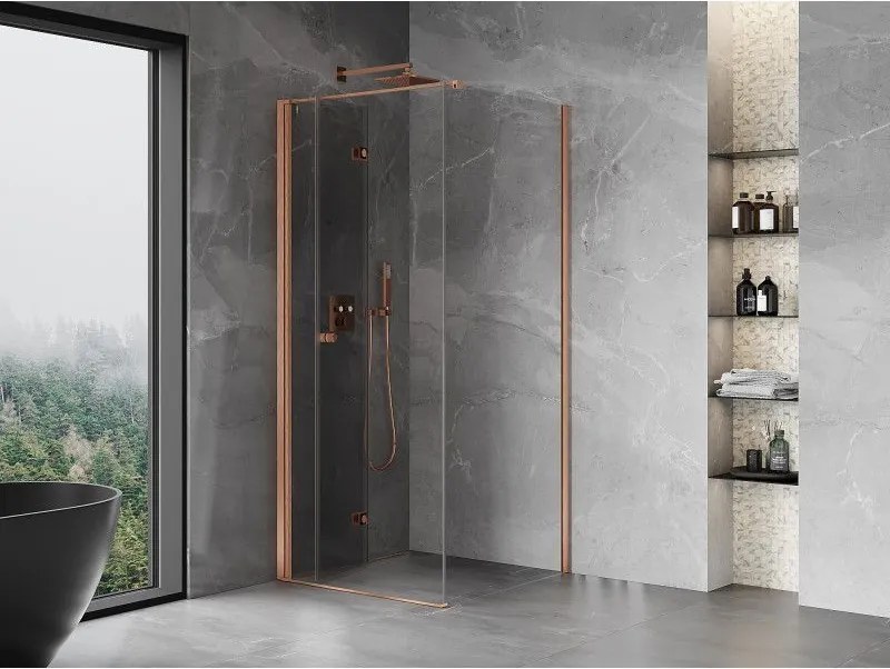 Mexen Mist-F T, 1-krídlový skladací sprchový kút ľavý 75 x 75 cm, priehľadný, brúsená meď - 8A6T-075-075-65-00-L
