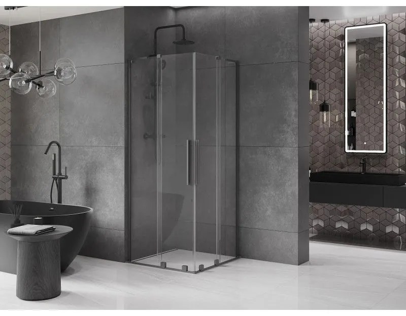 Mexen Velar L Duo, sprchový kút s posuvnými dverami 80 x 80 cm, 8mm číre sklo, brúsený grafit, 871-080-080-02-03-95