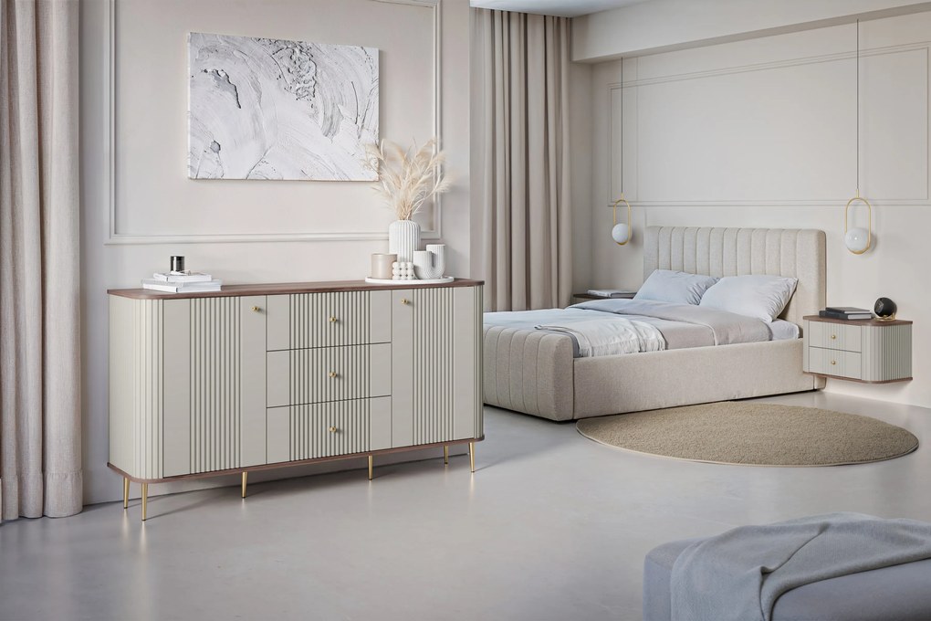 Komoda Vesper 160 cm so zásuvkami na nožičkách - kašmír / orech / zlaté nohy