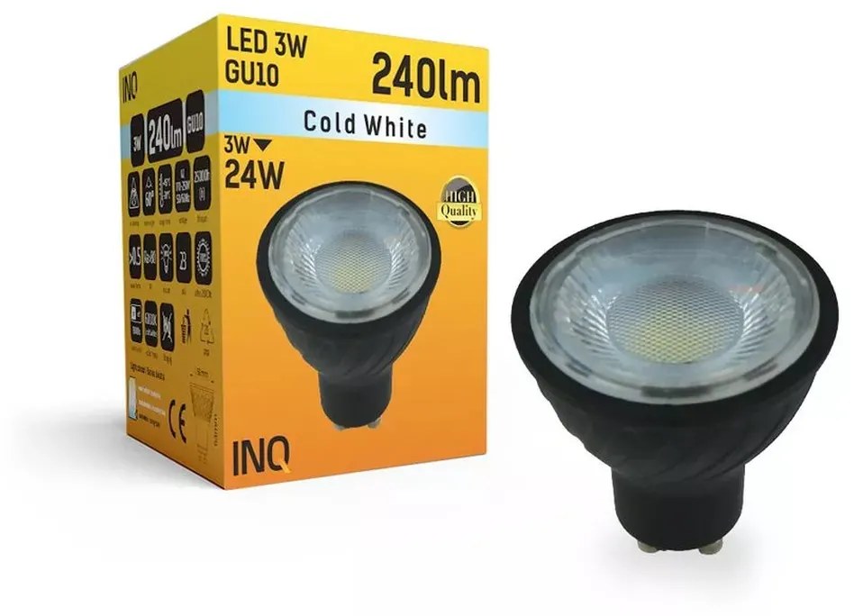 LED žiarovka INQ LED GU10 3W Cold White čierna LR033CW LR033CW
