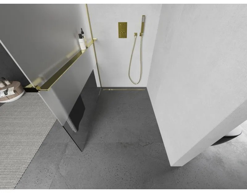Mexen Kioto+ L, sprchová zástena Walk-In s poličkou a vešiakom 80 x 200 cm, 8mm číre sklo-námraza, zlatý lesklý profil,800-080-123-50-35