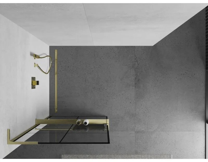 Mexen Kioto+ L, sprchová zástena Walk-In s poličkou a vešiakom 70 x 200 cm, 8mm číre sklo čierny vzor, zlatý matný profil, 800-070-123-55-77