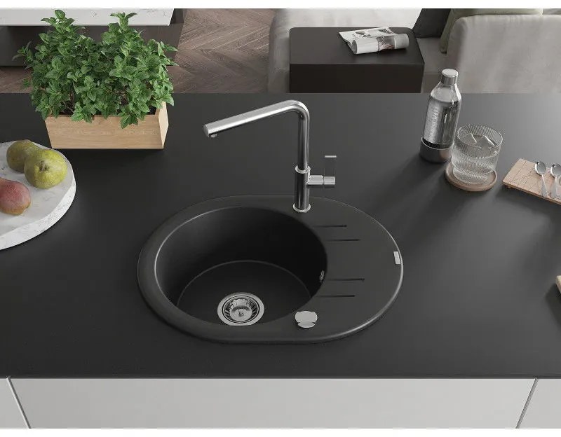 Mexen Kevin, 1-komorový granitový drez 586x458x190 mm a drezová batéria Flora, čierna, 6517-77-670401-00