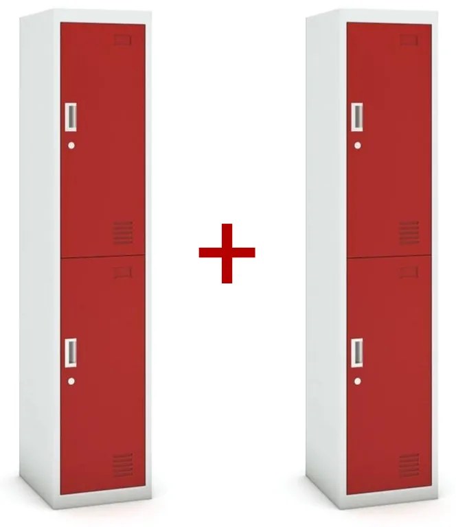 Šatníková skrinka dvojdverová 1+1 ZADARMO, cylindrický zámok, sivá/červená