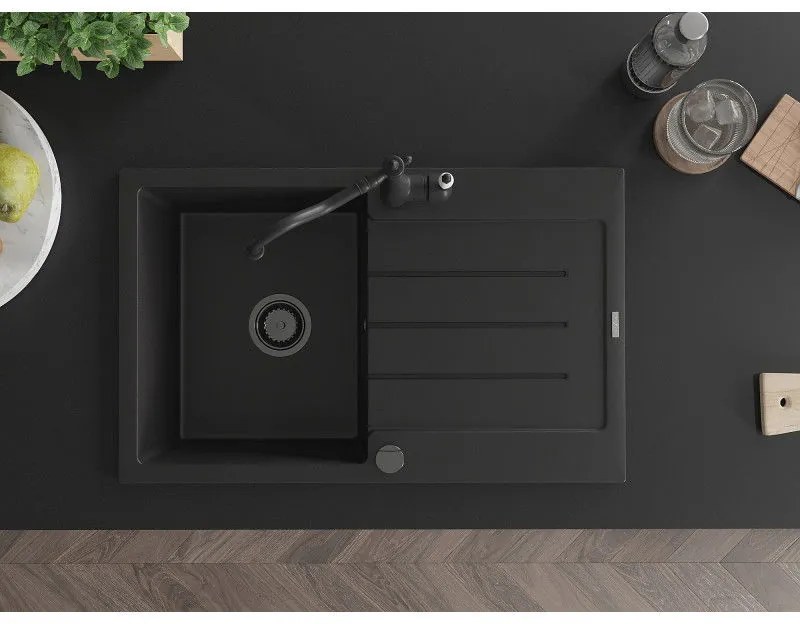 Mexen Bruno, granitový drez 795x495x200 mm, 1-komorový a drezová batéria Carla, čierna, 6513-77-670700-70-B