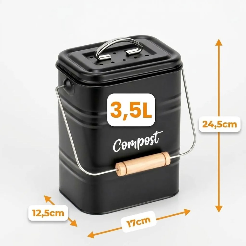 VILDE Kuchynský kompostér s uhlíkovým filtrom, na bio odpad, kovový, čierny, 3,5 l