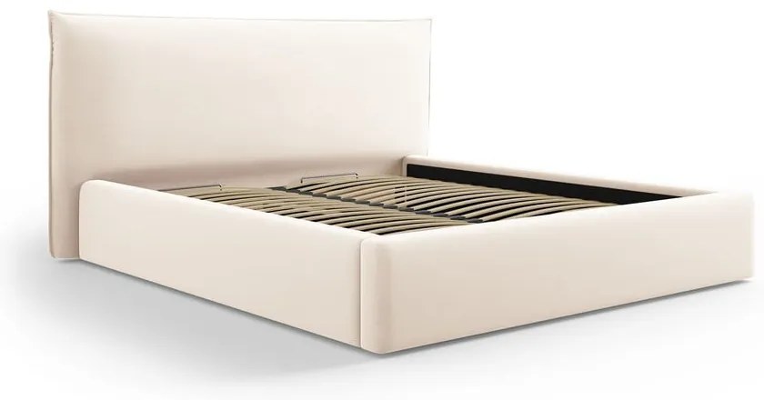 Krémovobiela čalúnená dvojlôžková posteľ s úložným priestorom a roštom 180x200 cm Elio – Milo Casa