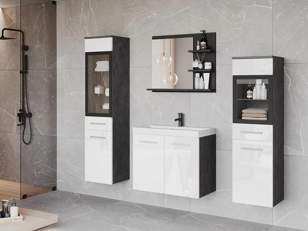 Kúpeľňový nábytok Apogon I, Farby: dub votan / biely lesk, Sifón: bez sifónu, Osvetlenie: osvetlenie LED biele, Umývadlová batéria: nie