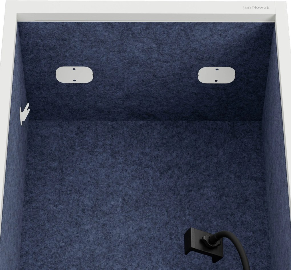 Kancelárska akustická kabína so sedadlom a portom USB-C, telo v biely / sedák tmavomodrá v zelenej farbe, 600 mm: SALLY MentalBox
