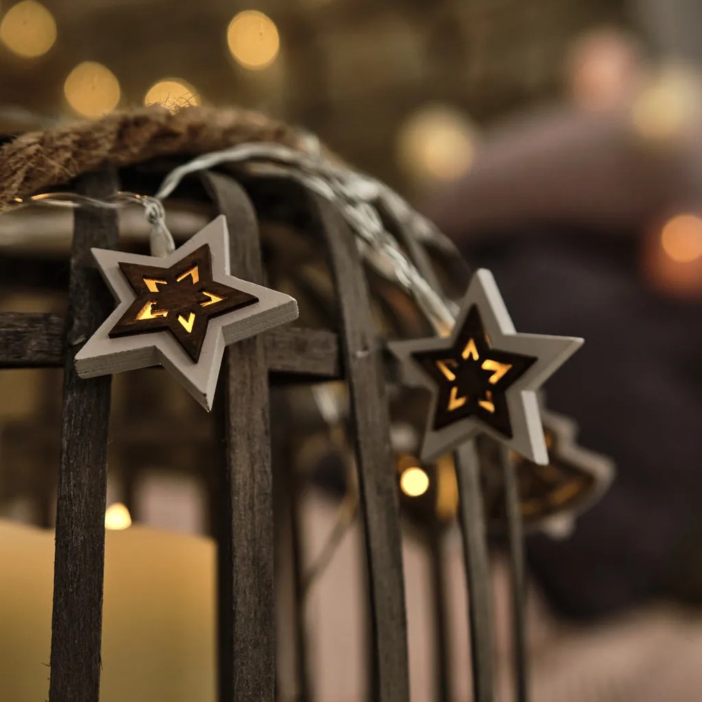 DECOLED LED světelný řetěz na baterie, 10 teple bílých diod, 1,8 m, dřevěné hvězdičky