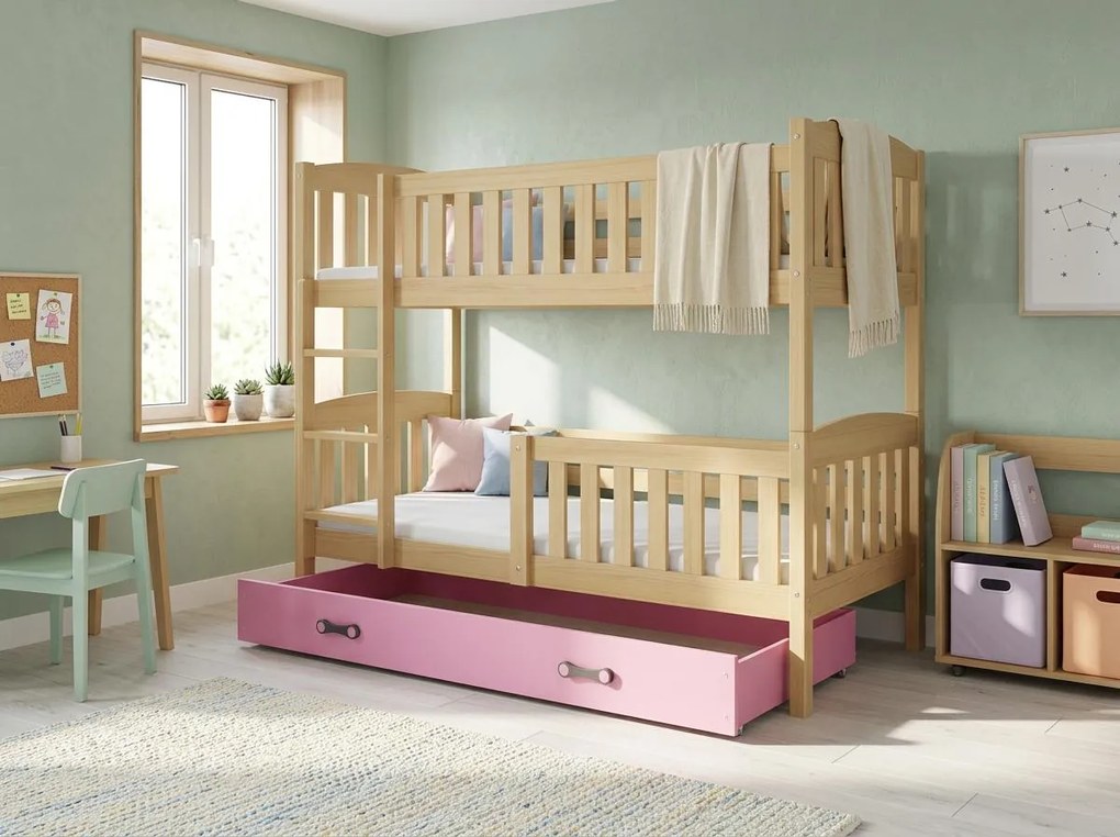 Poschodová posteľ KUBO 190x90 | borovica - ružová