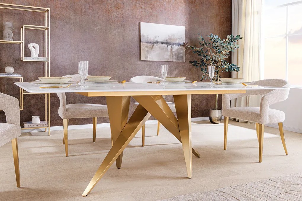 Jedálenský stôl ART LIVING 200 cm s keramickou doskou z bieleho mramoru a rámom v šampansko-zlatej farbe