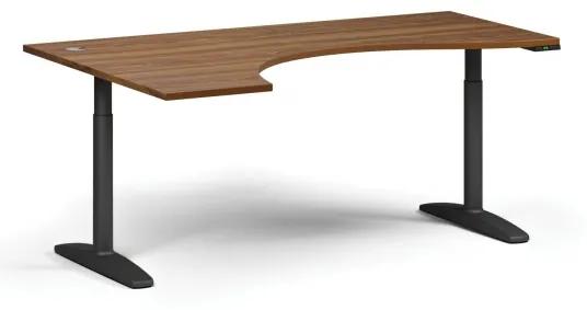 Výškovo nastaviteľný stôl OBOL, elektrický, 675-1325 mm, ergonomický ľavý, doska 1800x1200 mm, čierna zaoblená podnož, orech