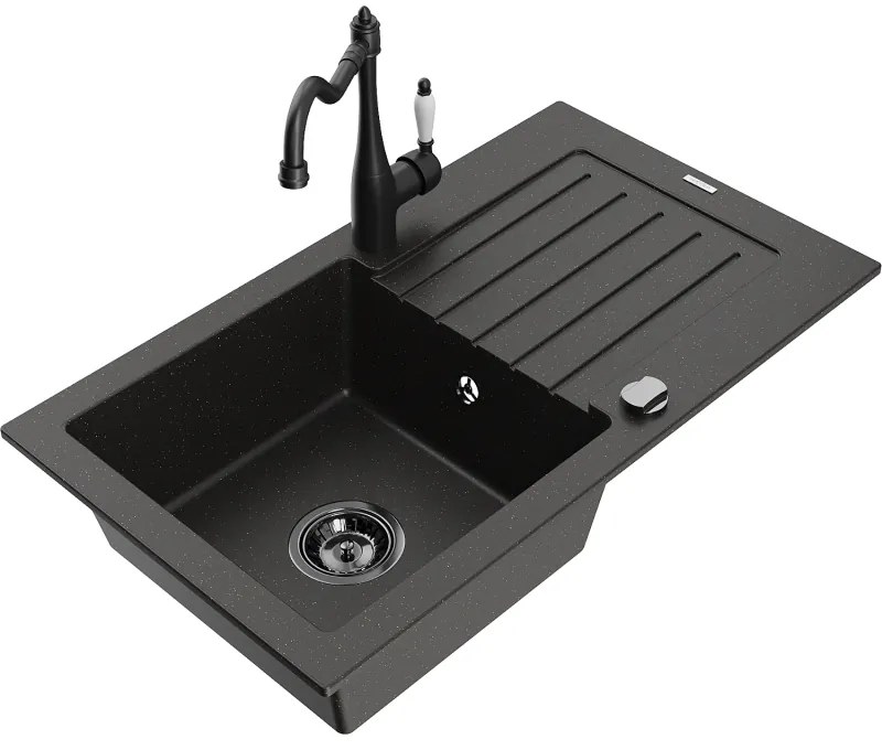 Mexen Pablo, granitový drez 752x436x161 mm, 1-komorový a drezová batéria Carla, čierna-zlatá metalíza, 6510-75-670700-70-B
