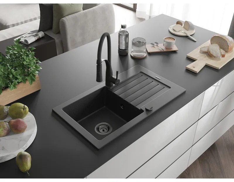 Mexen Pablo, 1-komorový granitový drez 752x436x161 mm a drezová batéria Aster, čierna-strieborná metalíza, 6510-73-73450-70-B