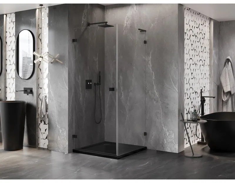Mexen Lunar-B L výklopný sprchový kút ľavý 90 x 90 cm, číre sklo, čierna matná, 832L-090-090-70-00-L