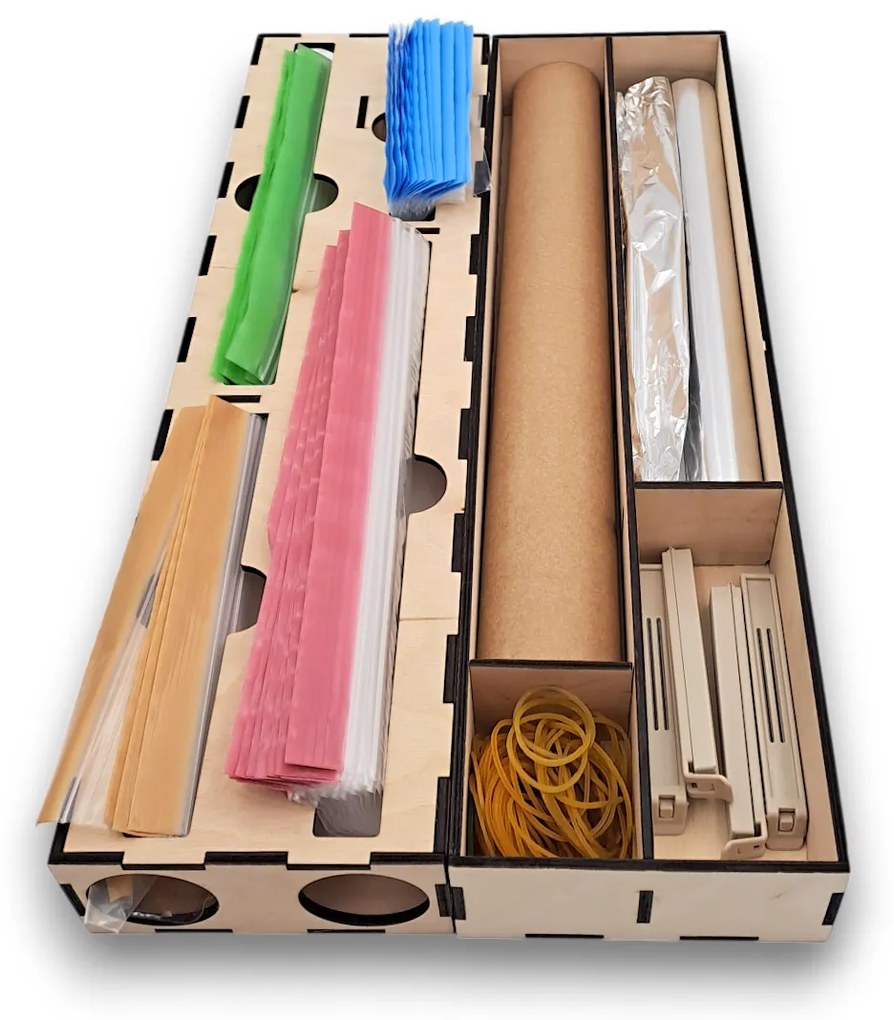 usporadejto.cz 2. akosť - Organizér na fólie/alobal, 4 priehradky do zásuvky, drevený VASKY 13 x 46 cm