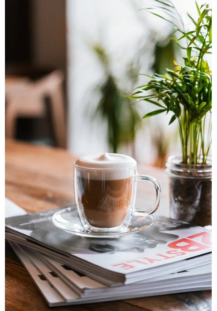 Súprava 2 dvojstenných sklenených šálkov s tanierikom Vialli Design, 250 ml