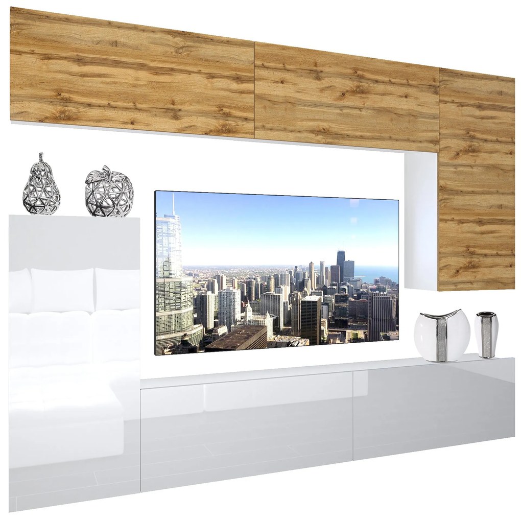 Obývacia stena Belini Premium Full Version dub wotan / biely lesk + LED osvetlenie Nexum 131