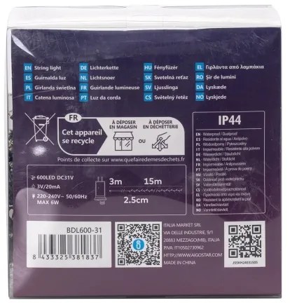 Aigostar - Vonkajší LED vianočný reťazec 600 LED/8 funkcií 18 m IP44 teplá biela