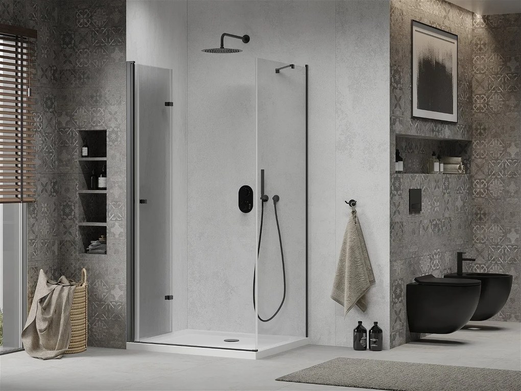 Mexen Lima, sprchovací kút so skladacími dverami 120 (dvere) x 80 (stena) cm, 6mm číre sklo, čierny profil + slim sprchová vanička biela s čiernym sifónom, 856-120-080-70-00-4010B