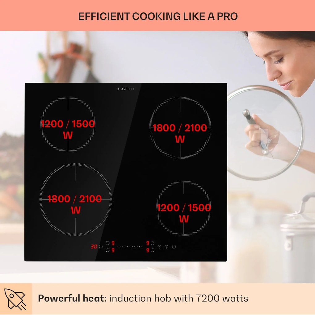 Klarstein Virtuosa EcoAdapt, indukčná varná doska, 7200 W, 4 zóny, sklo, čierna